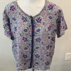 Natura Small Floral Button-Up Top - Pink and Blue